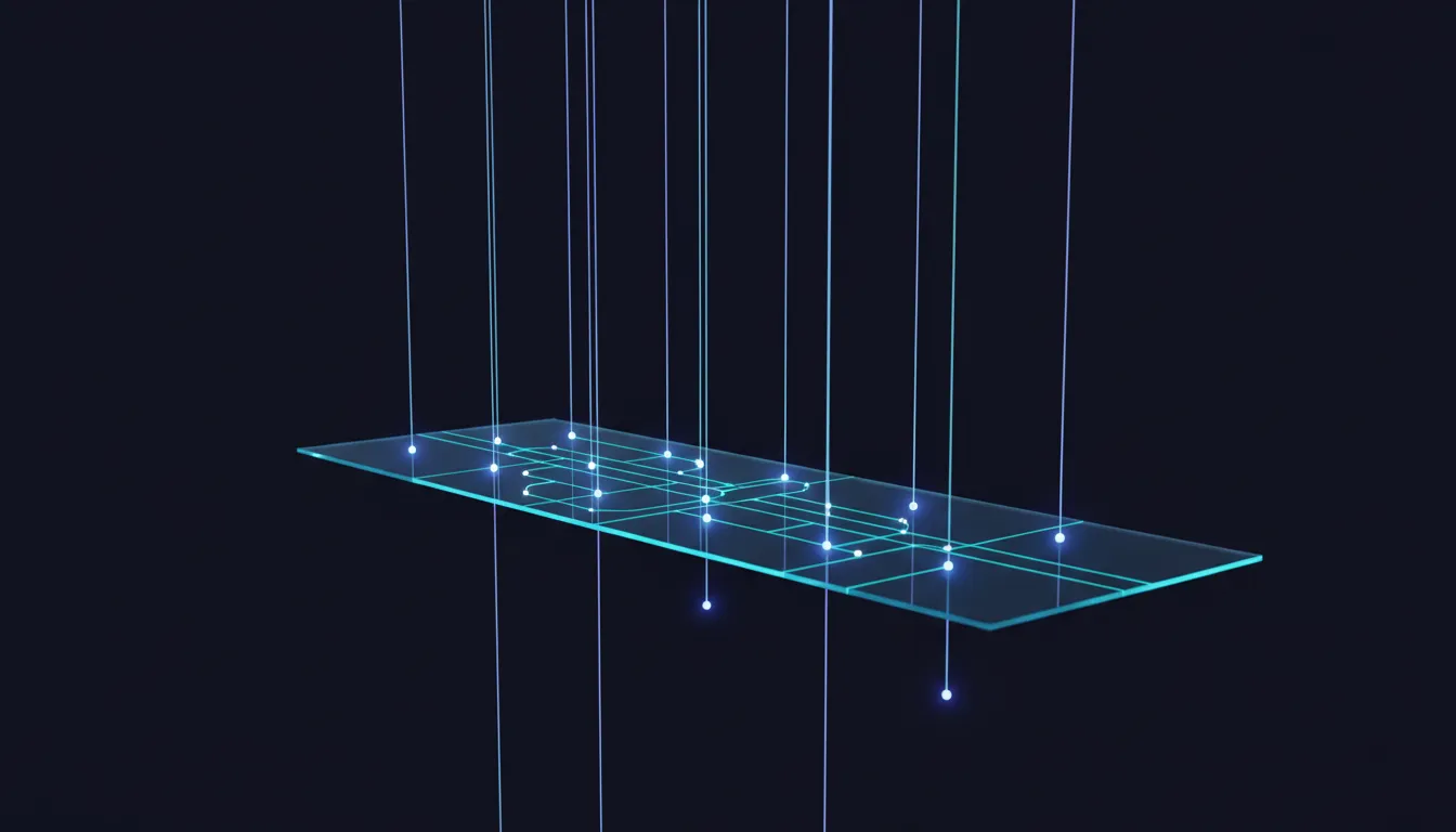Vertical glowing threads passing through a translucent horizontal pane; where each thread punctures the pane a bright bead glows, and sideways lines on the pane connect the beads into a small web