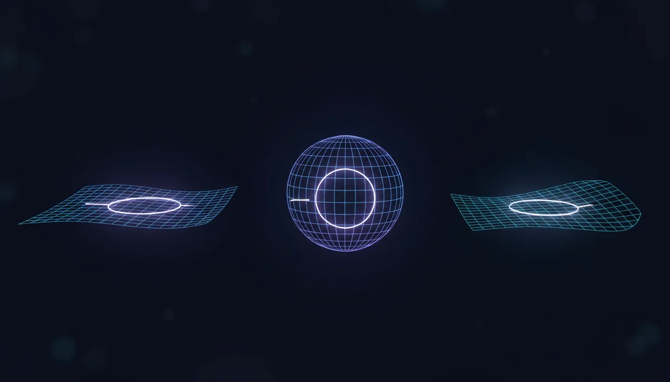Three surfaces — a flat sheet, a sphere, and a saddle — each with a glowing disc of the same surface radius drawn on it