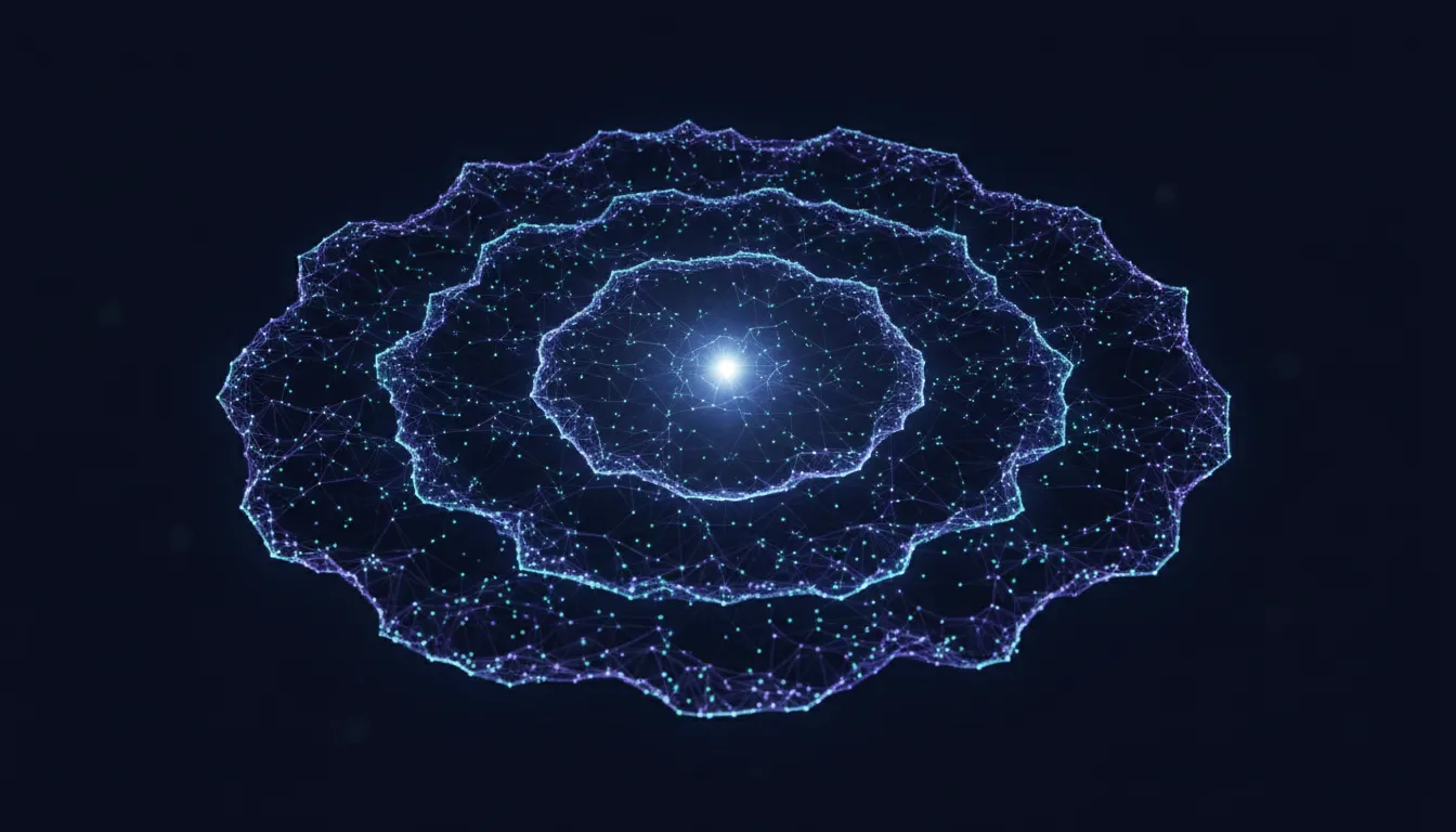A glowing node at the centre of a tangled network, surrounded by concentric lumpy shells of light marking nodes one, two, and three hops away, each shell containing visibly more nodes than the last