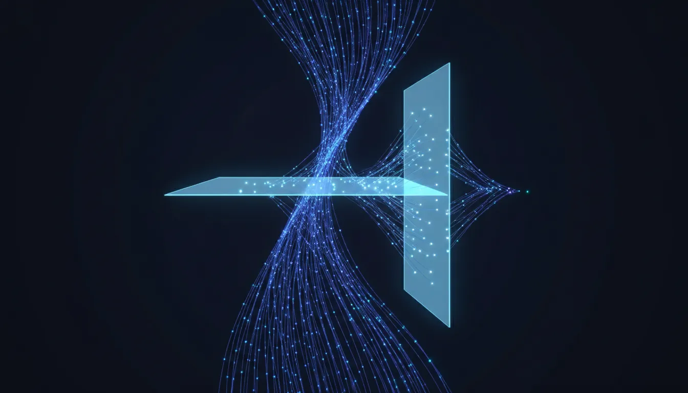 A web of glowing upward-flowing threads pierced by two translucent planes: a horizontal sheet cut across the flow and a vertical wall standing along it, with threads lighting up where they pass through each surface