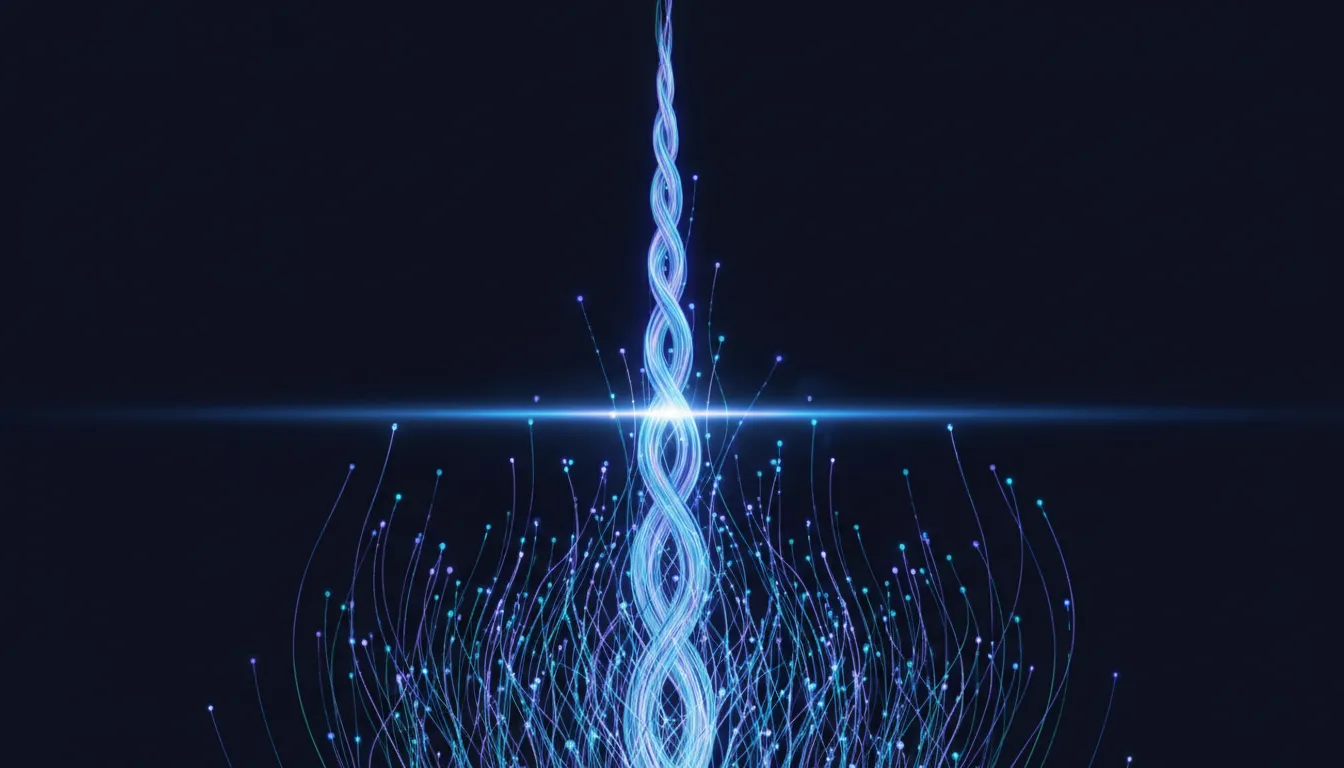 Many fine branching luminous filaments woven together into a single bright continuous thread as they pass through a soft band of light