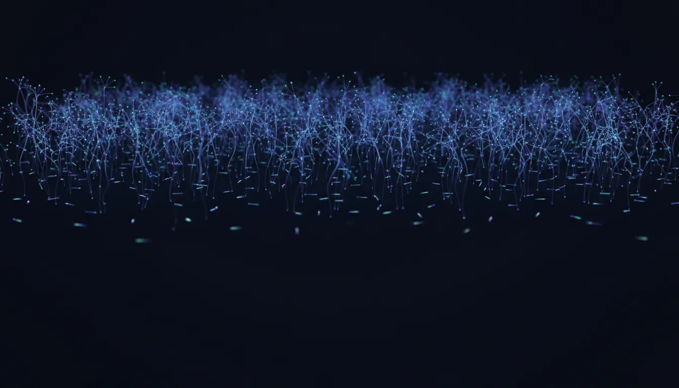 Many identical seed points on a dark plane: a few stay as inert dots while the others grow into tall intricate glowing structures all reaching the same height, with an empty gap and nothing of intermediate complexity between