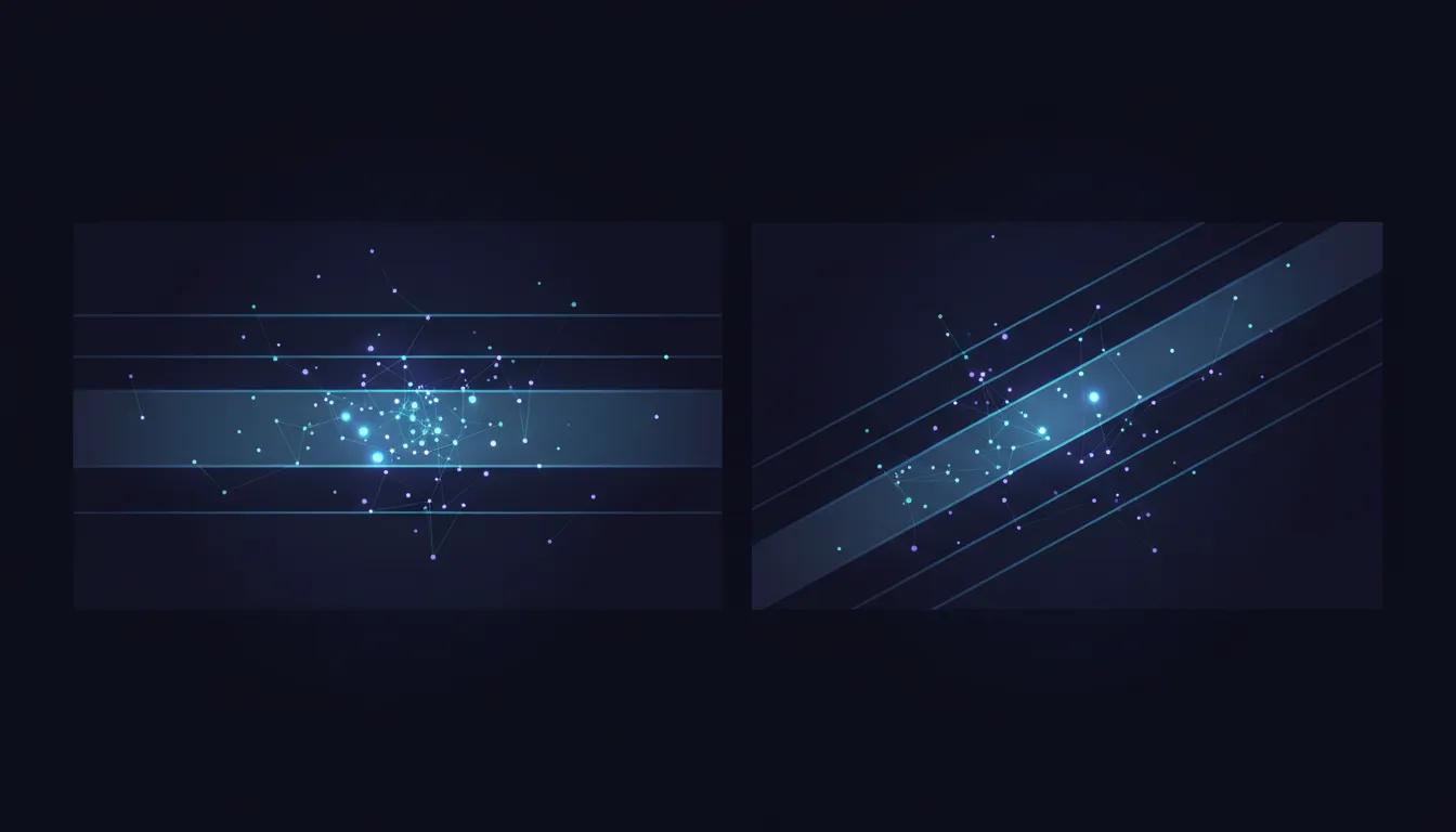 The same field of glowing event points sliced twice: straight parallel slices catch many points between two adjacent lines, while tilted slices over the identical points catch visibly fewer