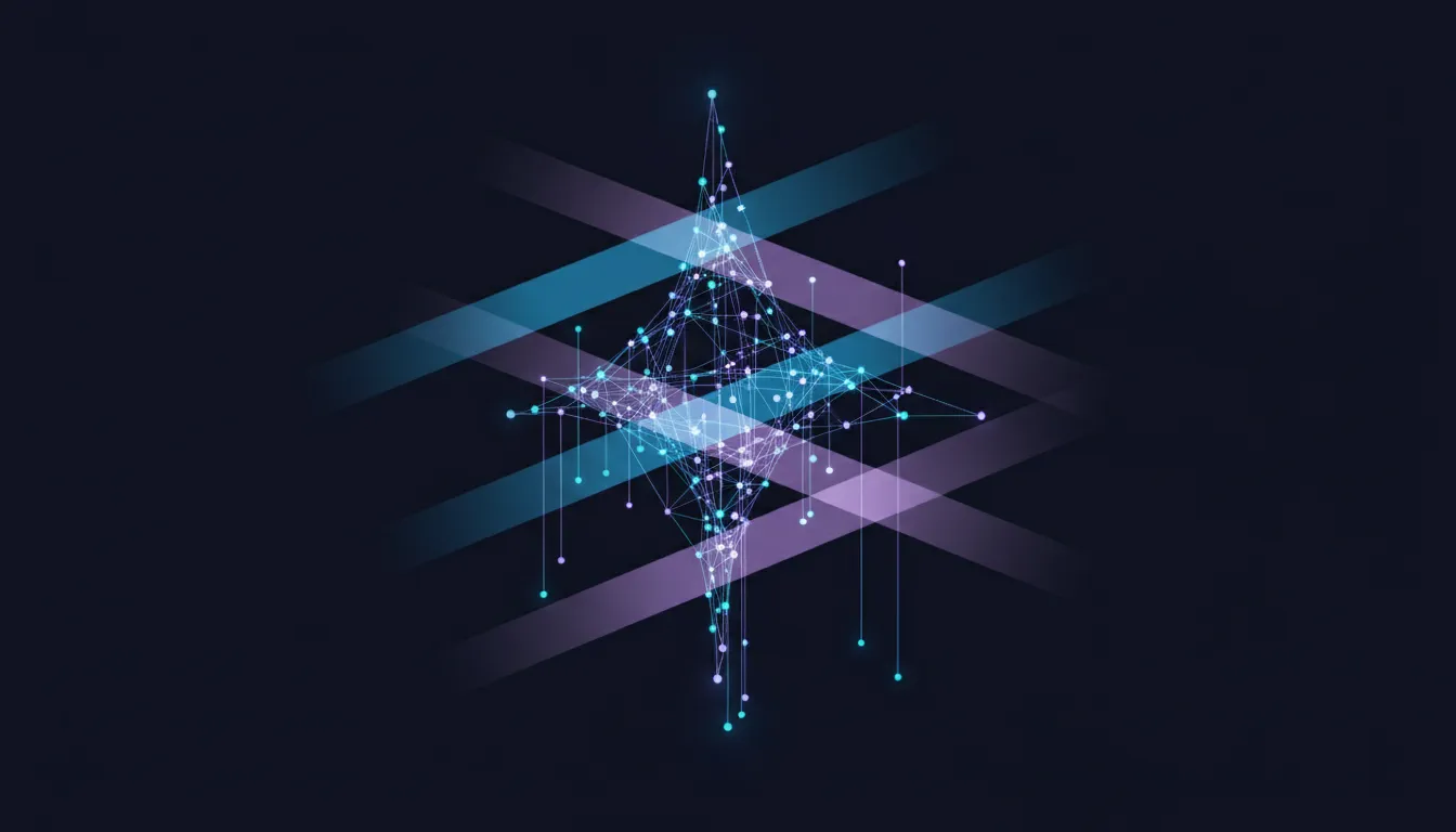 A web of glowing connected points sliced by two different sets of translucent layered surfaces — one set level, one tilted — grouping the same points into different layers